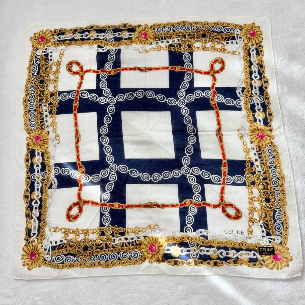 Vintage Celine Multi Chain Scarf Handkerchief Authentic 51x51 CM Cotton Japan